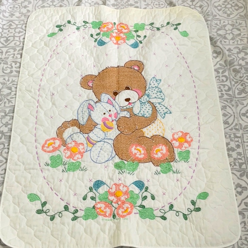 Vintage Quilted baby crib cover. Hand cross stitched 1993.